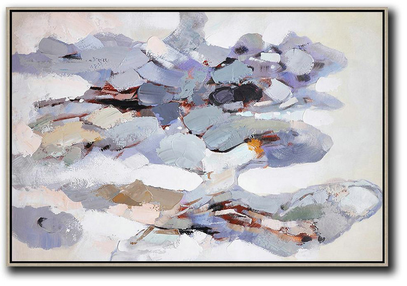 Handmade Extra Large Contemporary Painting,Oversized Horizontal Contemporary Art,Abstract Painting Modern Art,White,Grey,Pink,Blue,Yellow.etc